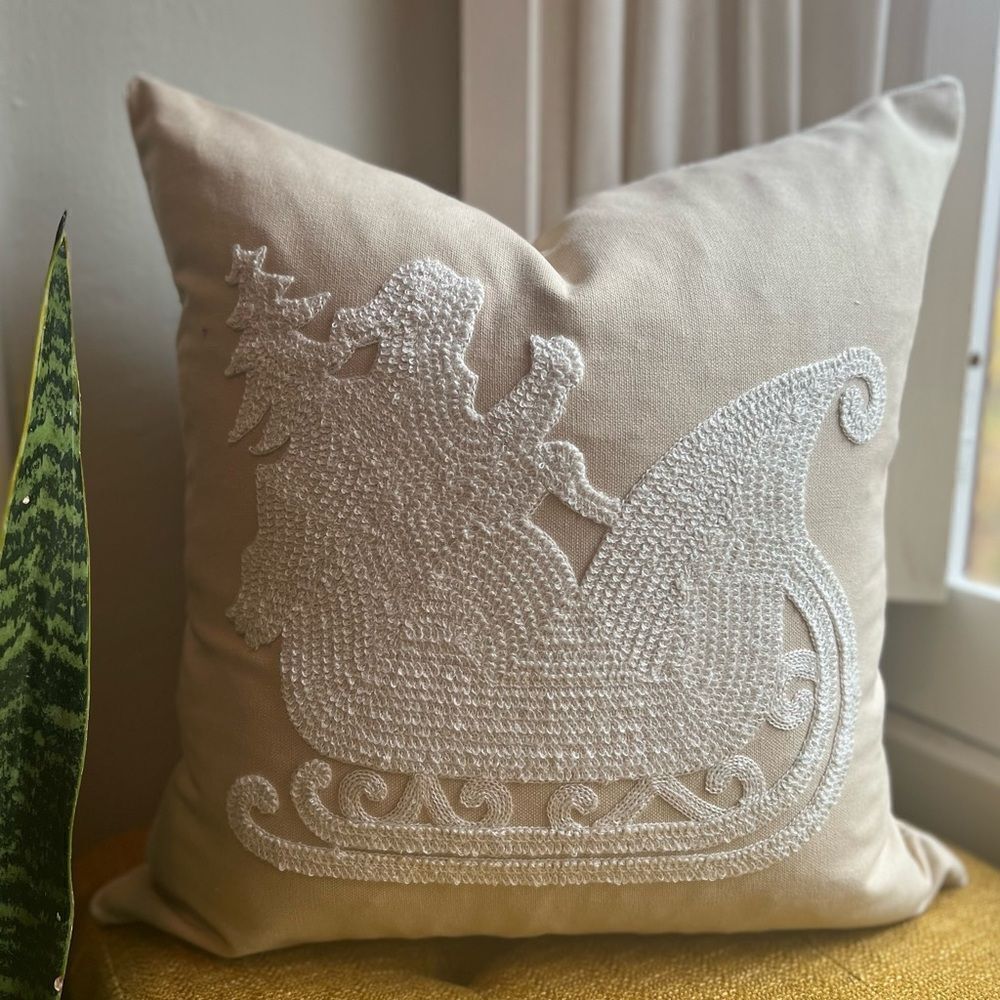 NEW Santa's Sleigh Embroidered Pillow Cover - Cozy, Neutral Holiday Decor